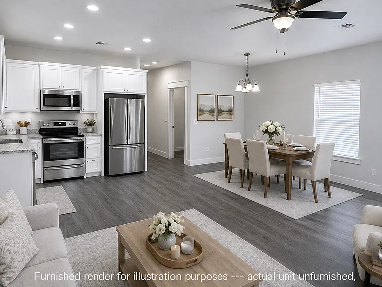 Furnished render for illustration purposes _ actual unit unfurnished.