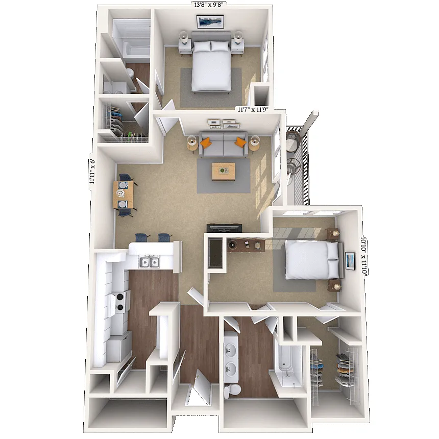 Floor plan Traditional 2x2 1214 SF