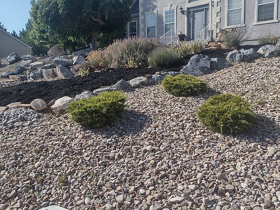 Fresh xeriscaping with Utah-friendly and native plants in front and back yards - no weekends mowing lawn!