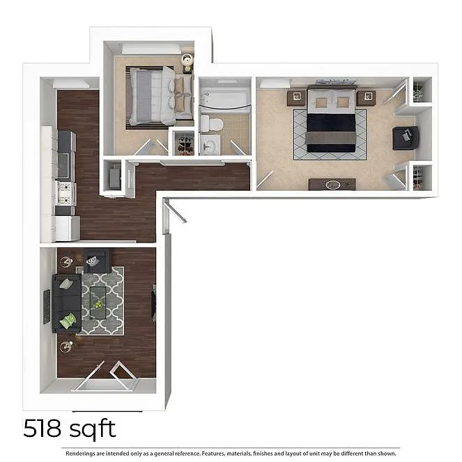 Floor plan 2 Bedroom/1 Bathroom 518-602
