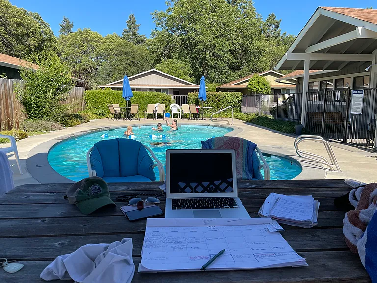 Pool area (office set up) grand kids visiting