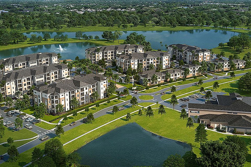 Integra Avalon, an inviting apartment community with modern architecture, lush landscaping, and serene palm-lined pathways, perfect for comfortable living.