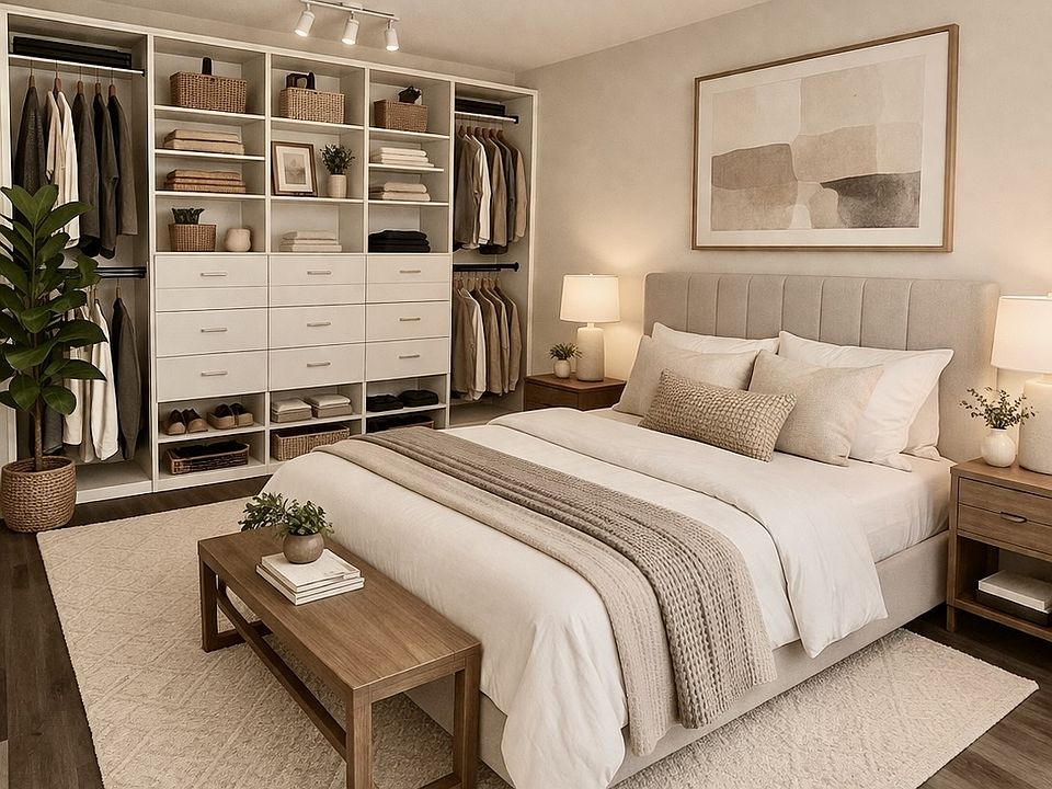 Primary room with built in closet organizer. Room size 14' x 10.6 '