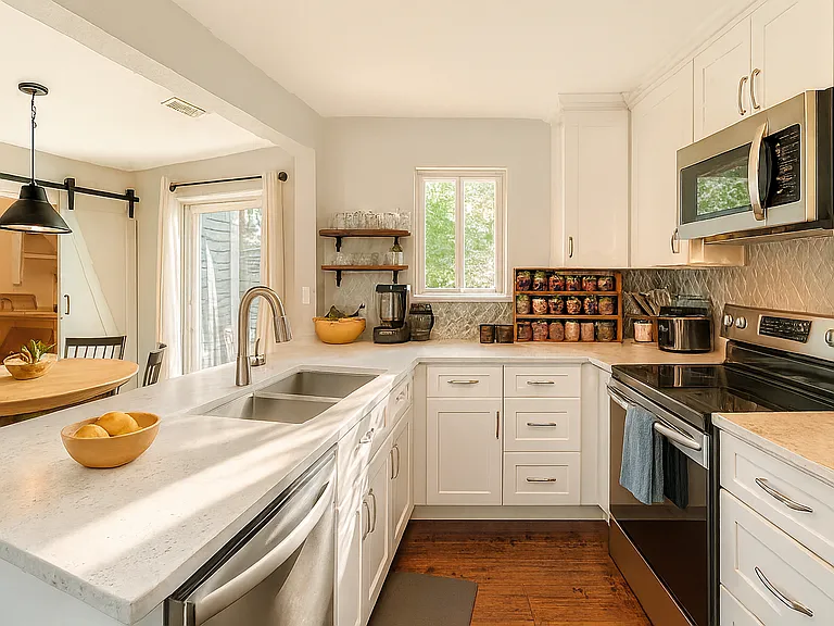 This inviting kitchen has an open layout perfect for cooking and gathering.