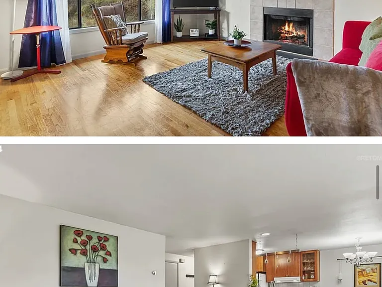 Top: Living Room with great view of Steam and wildlife.
Bottom: Living room and Kitchen Bar.
