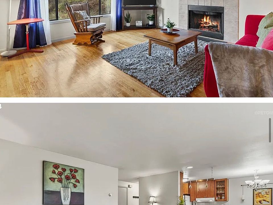 Top: Living Room with great view of Steam and wildlife.
Bottom: Living room and Kitchen Bar.