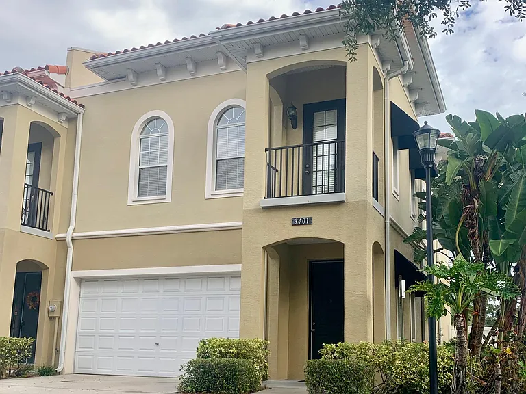 Front view, 2 car garage with room for 2 more cars in front