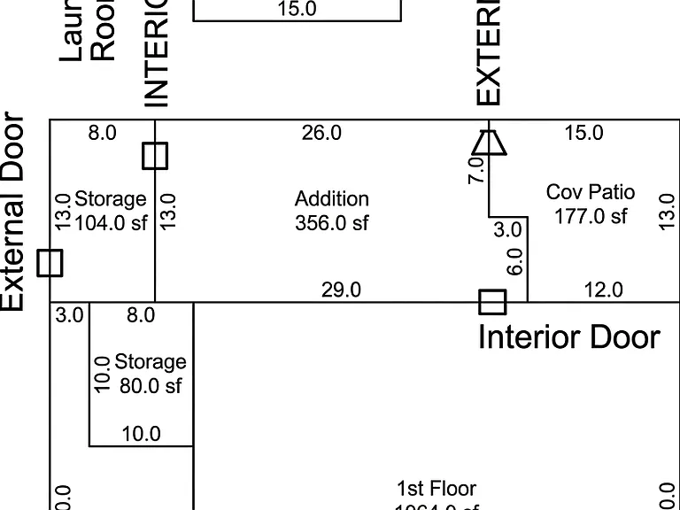 General floor plan -- Living room, dining room, bedrooms, and baths are all included in the 1064 sf area