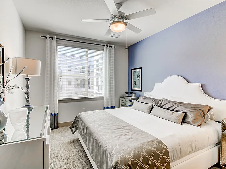 Spacious apartment bedroom with large closet and plush carpet flooring.