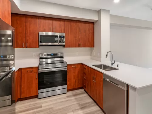 Renovated Package I kitchen with stainless steel appliances, white quartz countertops, cherry cabinetry, and hard surface flooring - Avalon Union City