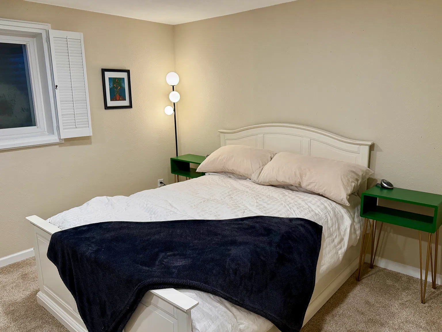 Large bedroom with queen stearns and foster mattress, heated mattress pad, desk area and lots of closet space.