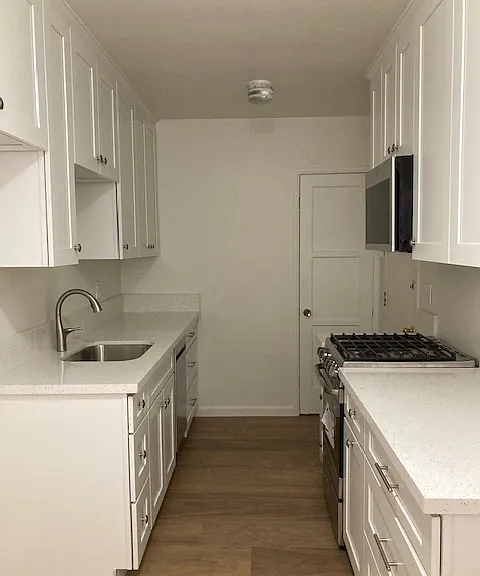 Upgraded kitchen has new vinyl planks and quartz countertops. There's plenty of cabinet space too!
