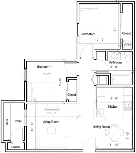 Floor plan 2 Bedroom with washer and dryer