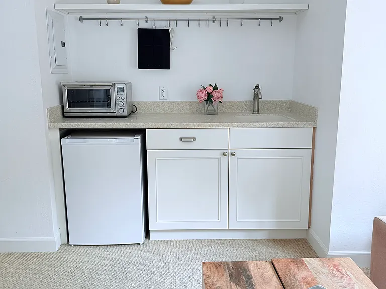 ADU kitchenette with refrigerator, hot plate, and oven/toaster or microwave
