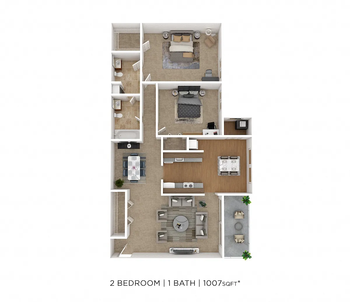 Floor plan Two Bedroom 1 Bath - 1,007 sqft