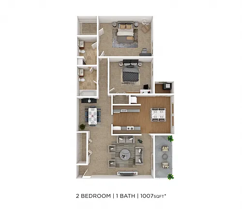 Floor plan Two Bedroom 1 Bath - 1,007 sqft