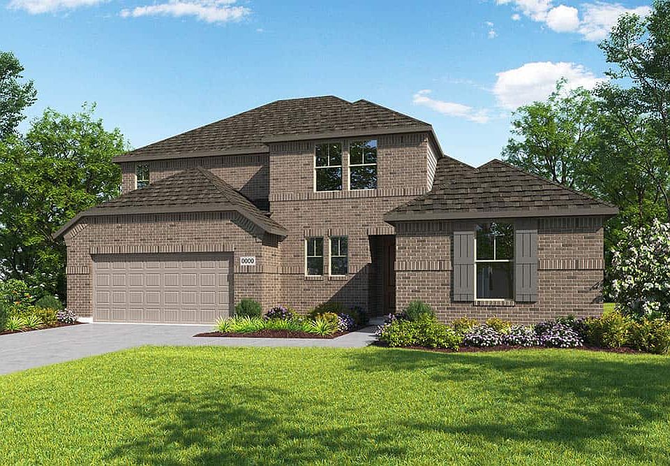 Elevation A is a two story full brick home design with clean lines and shutters on the front window.