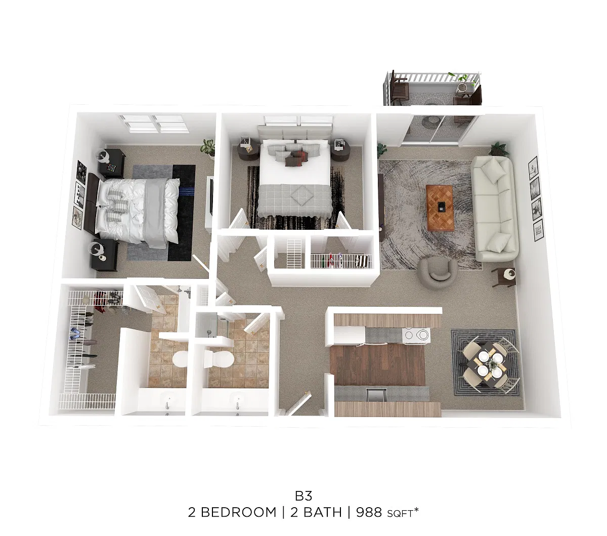 Floor plan Two Bed Two Bath 988 Sqft