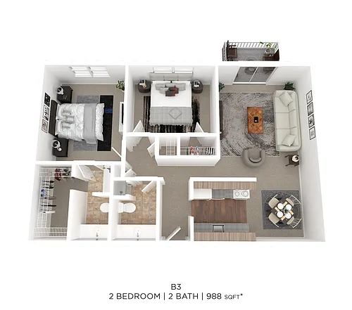 Floor plan Two Bed Two Bath 988 Sqft