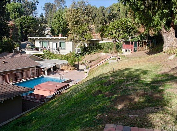 View from upper level of backyard and pool.