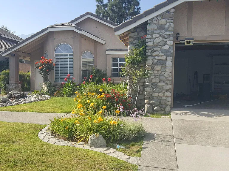 Front yard and garage