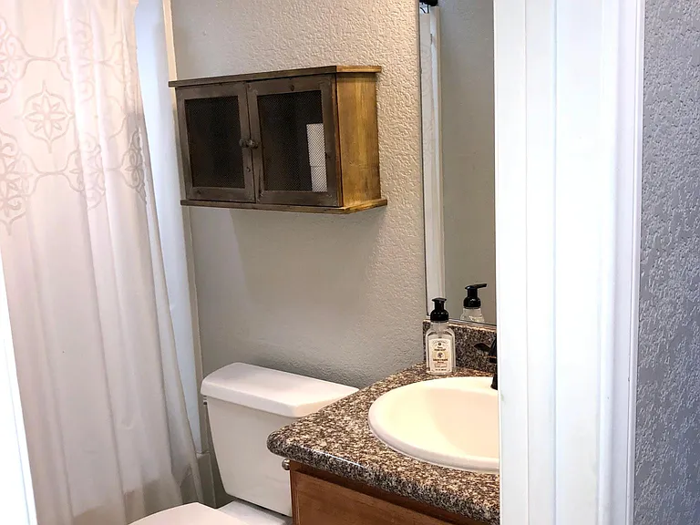 Guest bathroom is off the main hallway