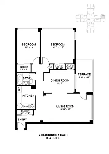 Floor plan 2 Bdrm 884 Sq Ft
