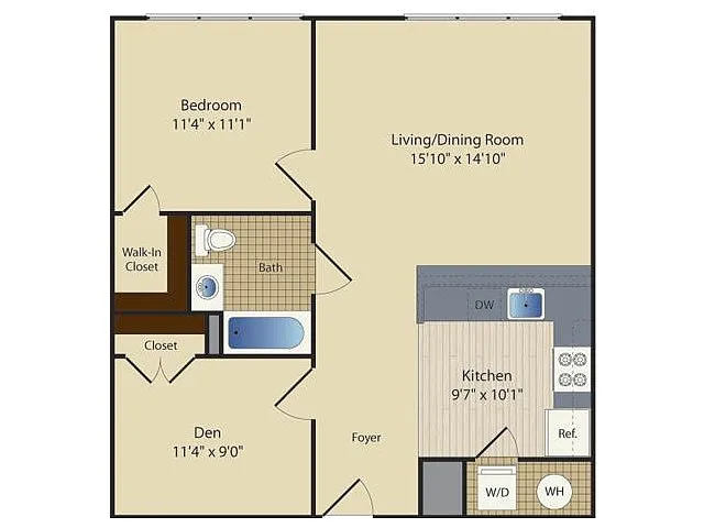 Floor plan One Bedroom One Bath with Den (785 SF)