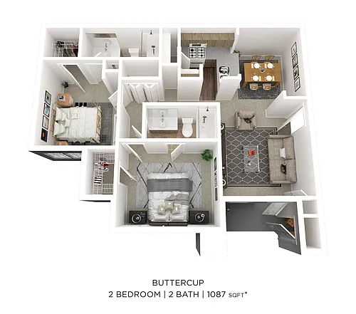 Floor plan Two Bedroom 2 Bath - 1,087 sqft