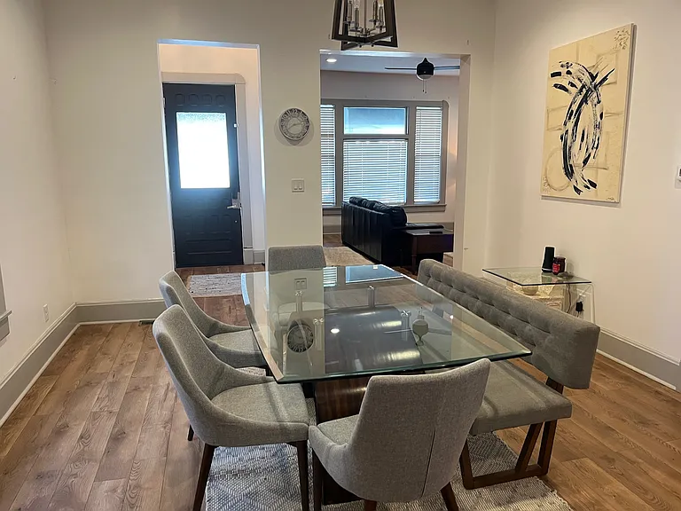 Dining room with view of front door and living room