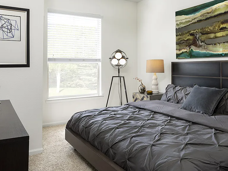 Spacious apartment bedroom with carpeted floors.