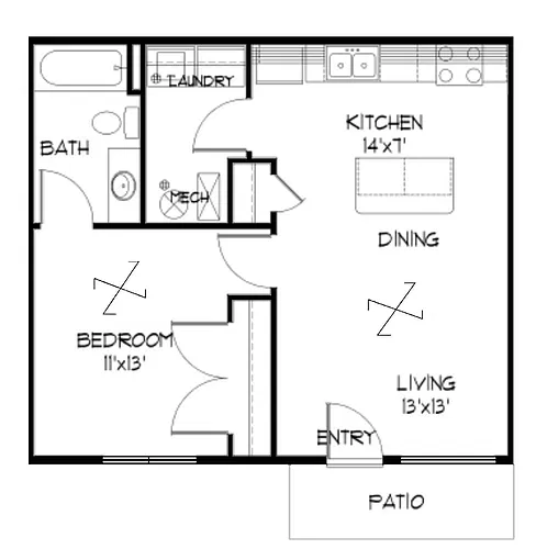 Floor plan 1 Bedroom 598 SF