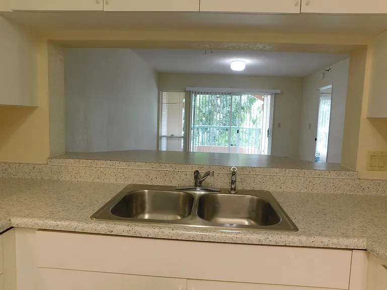 Kitchen pass-through to the living/dining area.
