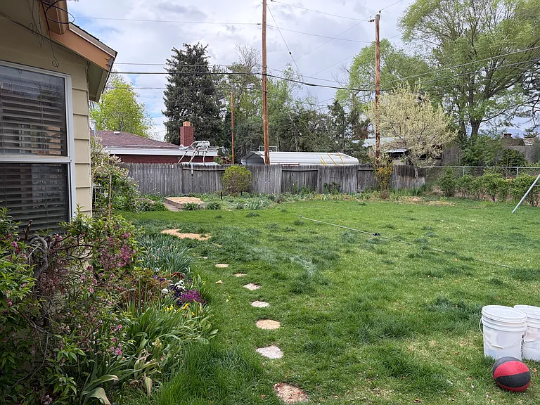 Backyard and steps leading to garden floor entrance in the backyard