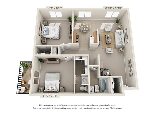 Floor plan 2 Bedroom, 1 1/2 Bath 865 D (Balcony)