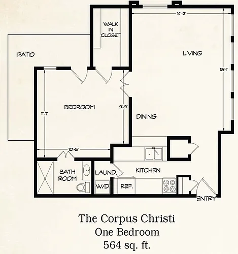 Floor plan 1 Bedroom - The Corpus Christi