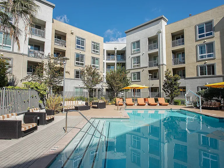 Resort-style pool surrounded by modern architecture, lounge chairs, and palm trees at Aster Apartments in Dublin, CA.