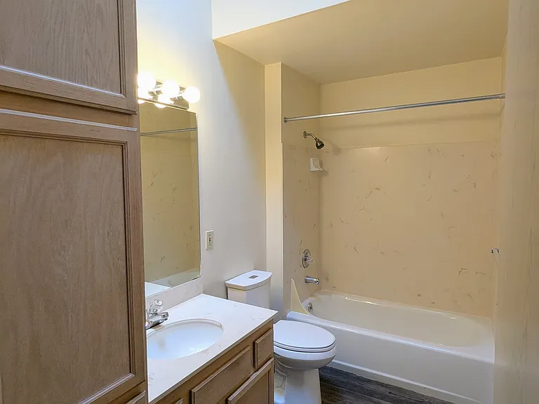 209 Full bathroom with vaulted ceiling and linen closet