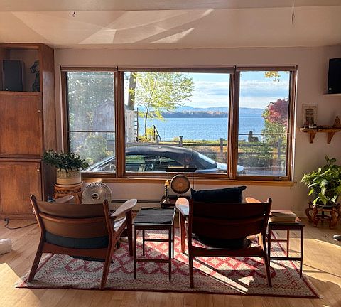 Front of the living room with a view of the lake