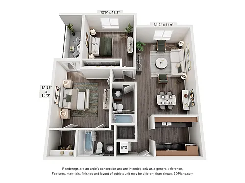 Floor plan 2 Bed, 2 Bath D