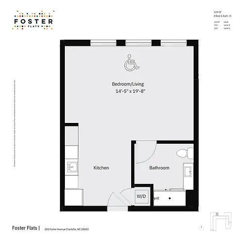 Floor plan 0 Bed 1 Bath - D Furnished (Skyline View)