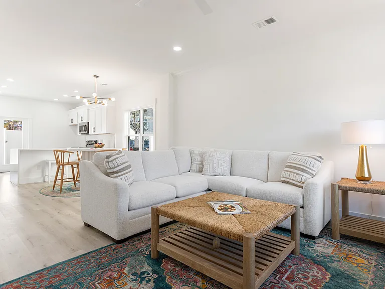 Living room, dining area and kitchen