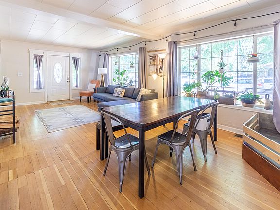 Living Room (couch, chair, floor lamp, dining table, plants, curtains, rug, decor included)