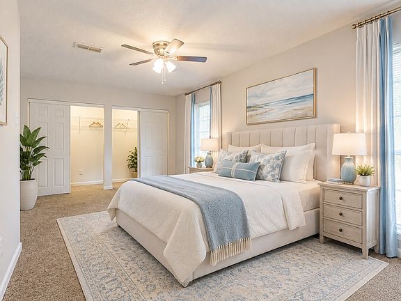 Virtual Staging AI, Primary Suite, Double Closet, Ceiling Fan, Dual Sink Vanity, Tub-Shower Combo