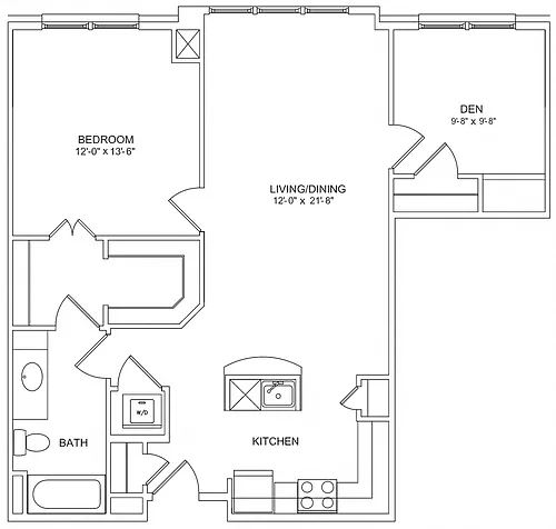 Floor plan Residences 1 Bed 1 Bath with Den