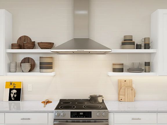 Kitchen with floating shelves and stainless steel hood vent
