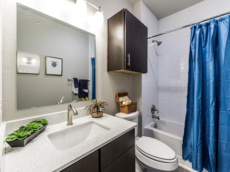 Second bathroom with wood-style flooring and standing tub/shower