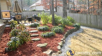 Looking up stone steps to back patio