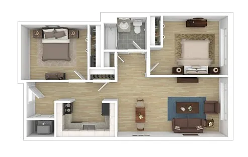 Floor plan 2 Bed 1 Bath - Style B1 - Income Restricted