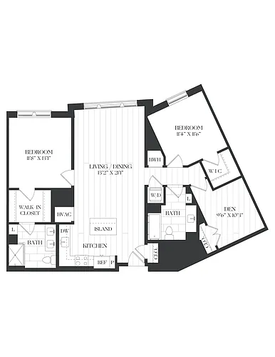 Floor plan 2 Bed/ 2 Bath Den-2D-1-A-The Barrett
